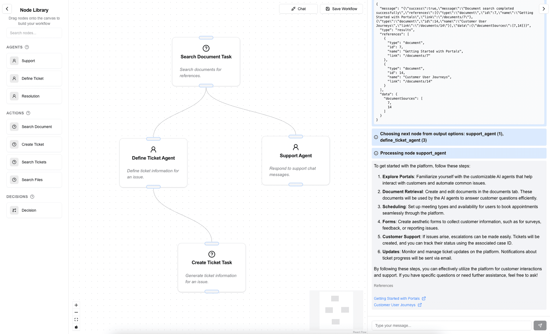 No-code AI workflow builder interface with pre-built components